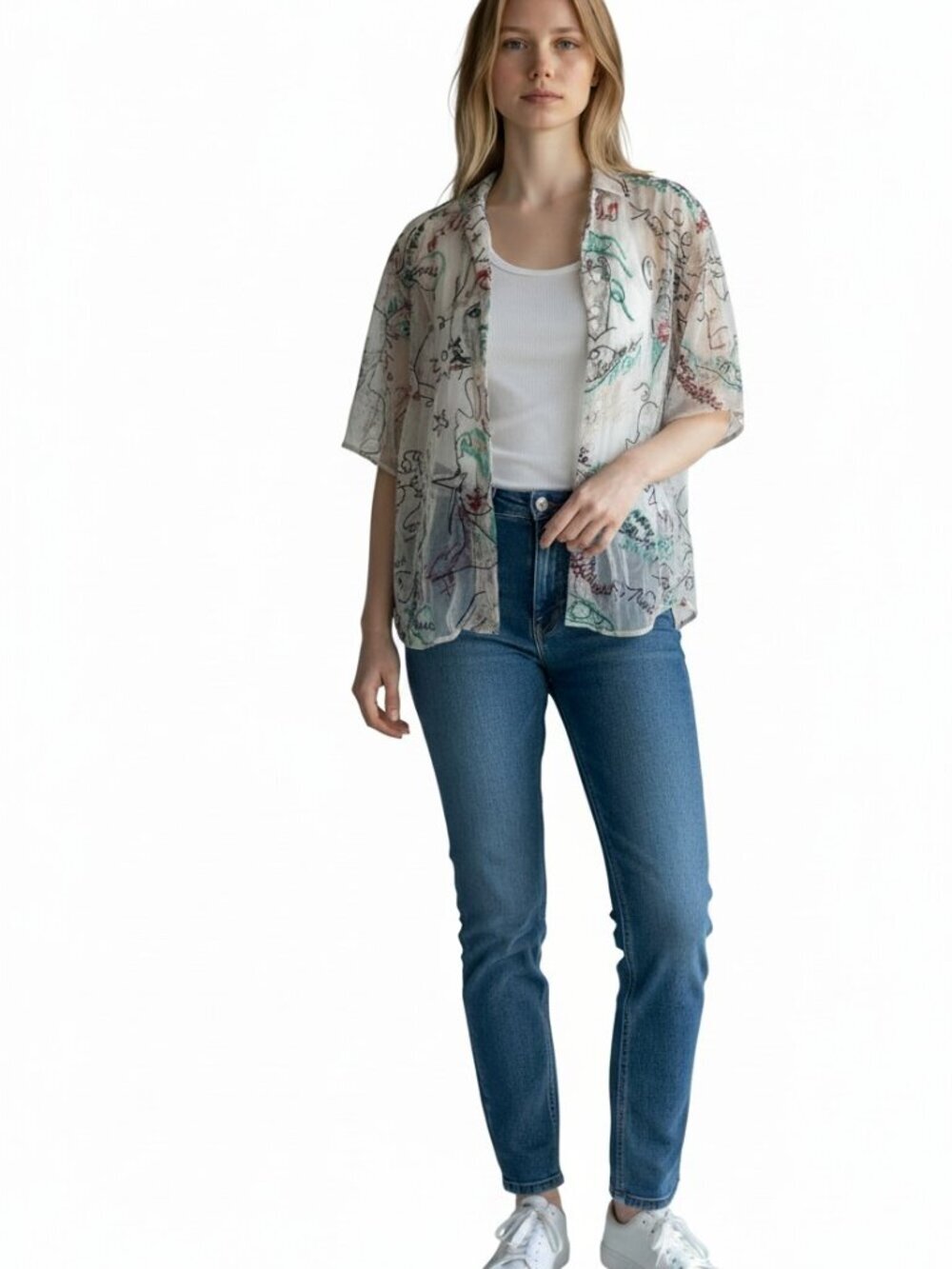 Aritzia Babaton Womens M Sheer Embroidered Blouse Script Beige Art To Wear Artsy